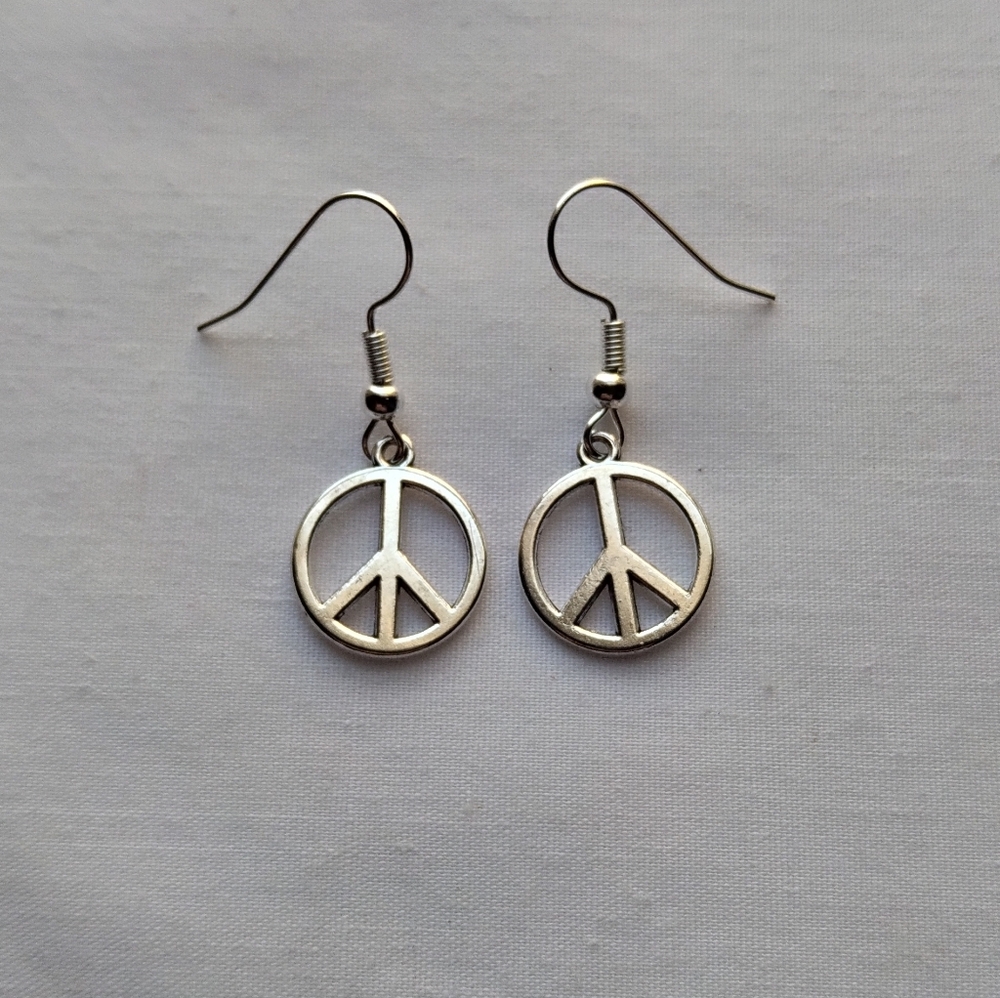 Silver tone Peace Symbol Sign Charm Drop Earrings finished with Hook Ear wires